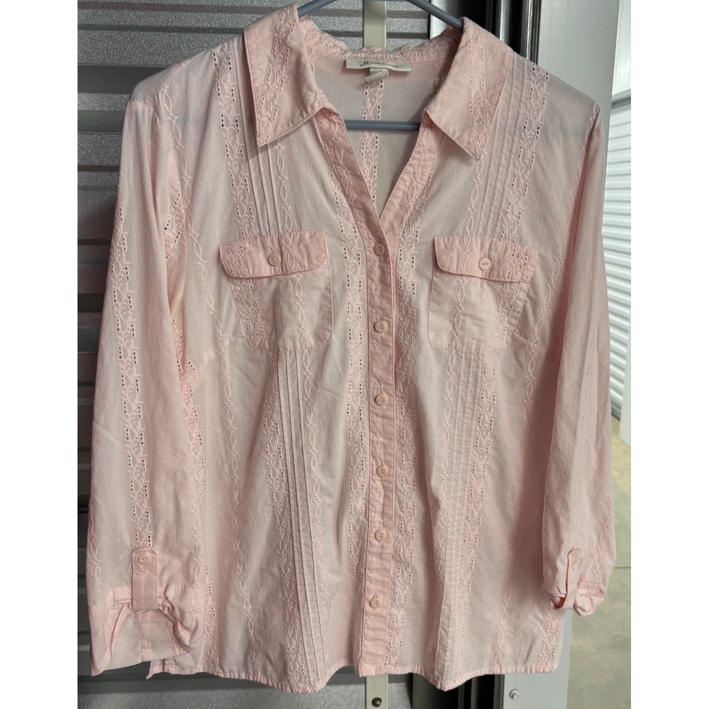 JM Collection Pink Eyelet Embroidered Cotton Button Front Blouse Size 14